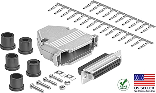 DB25 Crimp Female Connector complete bundle DIY Kit includes connector, housing, female crimp pin, strain relief grommets and screws.