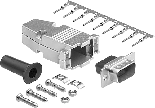 DB9 Crimp Male Connector complete bundle DIY Kit includes connector, housing, crimp pin, strain relief grommets and screws.