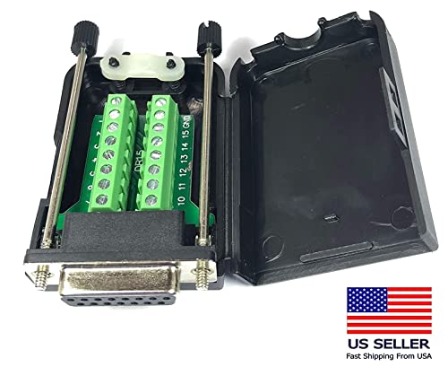 DB15 Female D-Sub Solderless Breakout Terminal Block Connector with Case and Thumb Screws Complete Bundle DIY Kit.