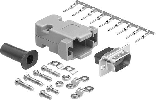 DB9 Crimp Male Connector complete bundle DIY Kit includes connector, hood, male crimp pin, strain relief grommet and screws.