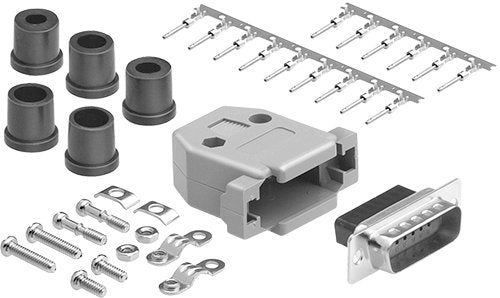 DB15 Crimp Male Connector complete bundle DIY Kit includes connector, hood, male crimp pin, strain relief grommet and screws.