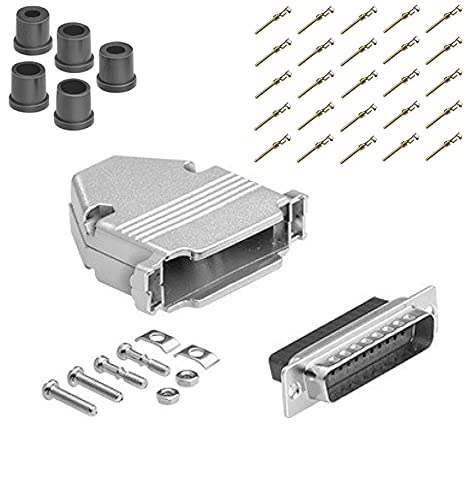 DB25 Crimp Male Connector complete bundle DIY Kit includes connector, housing, male crimp pin, strain relief grommets and screws.