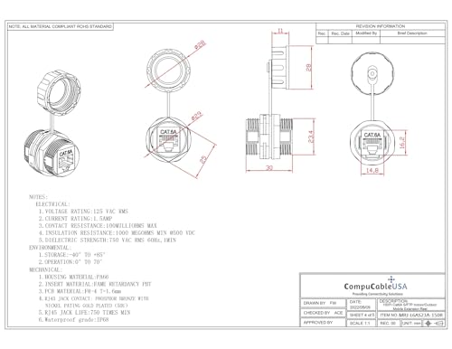 CompuCablePlus CAT6A S/FTP Indoor/Outdoor IP67 Waterproof Retractable Shielded Ethernet Network Cable Mobile Extension Reel, Female to Female, 150FT, Black, Spec Sheet -4.