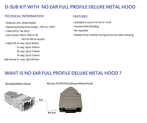 D-Sub Kit with No Ear Full Profile Metal Hood Technical Information and Features. What is no ear full profile deluxe metal hood? Image points out ear and no ear. 