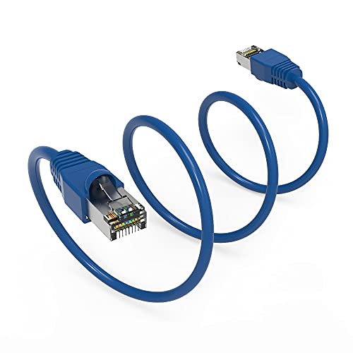 A blue CAT. 6A shielded Ethernet cable with RJ45 plug connectors.