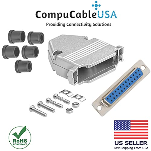 DB25 solder female connector complete bundle DIY kit includes connector, housing, strain relief grommets and screws.
