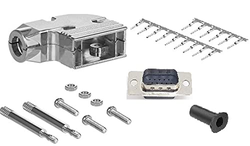 High Density DB15 crimp male connector complete bundle DIY kit includes connector, right angle hood, male crimp pin, strain relief grommets and screws.