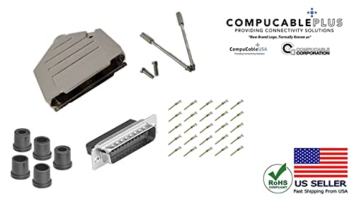 Male DB25 Crimp Type DIY Kit.  Complete Bundle DIY Kit Includes D-Sub Crimp Connector, Crimp Pins, Deluxe No-Ear, Full Profile Metal Housing, Strain Relief Grommet, and Screws.