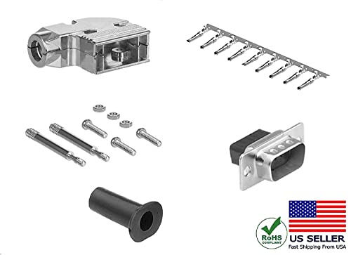 DB9 crimp female connector complete bundle DIY kit includes connector, right angle hood, female crimp pin, strain relief grommets and screws.