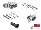 DB9 crimp female connector complete bundle DIY kit includes connector, right angle hood, female crimp pin, strain relief grommets and screws.