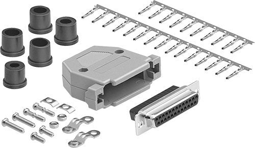 DB25 Crimp Female Connector complete bundle DIY Kit includes connector, hood, female crimp pin, strain relief grommet and screws.