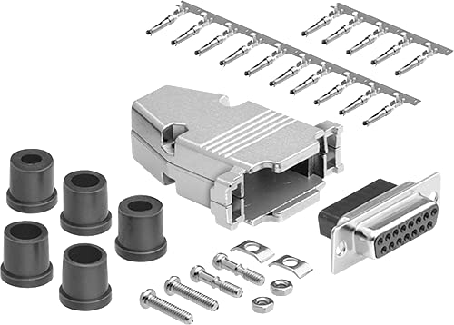 DB15 Crimp Female Connector complete bundle DIY Kit includes connector, housing, female crimp pin, strain relief grommets and screws.