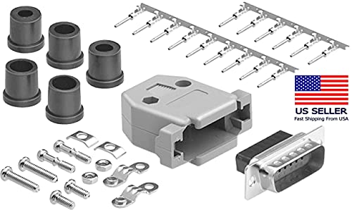 DB15 Crimp Male Connector complete bundle DIY Kit includes connector, hood, male crimp pin, strain relief grommet and screws.