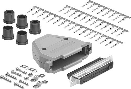 DB37 Crimp Male Connector complete bundle DIY Kit includes connector, hood, male crimp pin, strain relief grommet and screws.