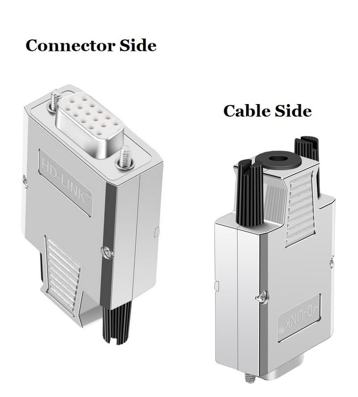 Compucableplususa.com High Density DB15 Solderless Type Shielded Metal Hood Solder Free Breakout Connector RS232 D-SUB Serial Adapter (High Density DB15, Female) Connector Side and Cable Side images.