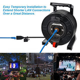 CompuCablePlus CAT6A S/FTP Heavy Duty, Durable Indoor/Outdoor IP67 Waterproof Retractable Shielded Ethernet Network Cable Mobile Extension Reel, Female to Female, 150FT, Black.