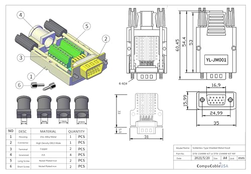 High Density DB15 Male VGA 3 Row Solderless Type Shielded Metal Hood Solder Free Breakout Connector RS232 D-SUB Serial Adapter (High Density DB15, Male)