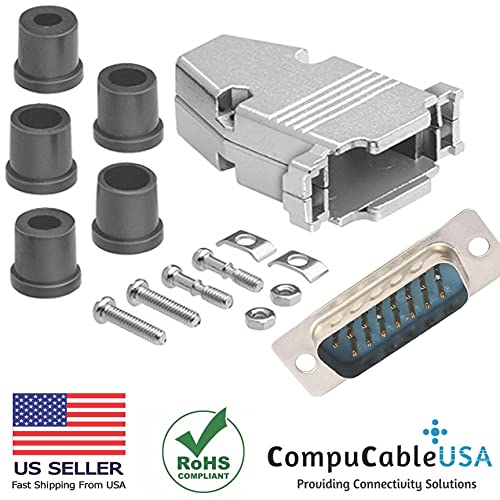  DB15 solder male connector complete bundle DIY kit includes connector, housing, strain relief grommets and screws.