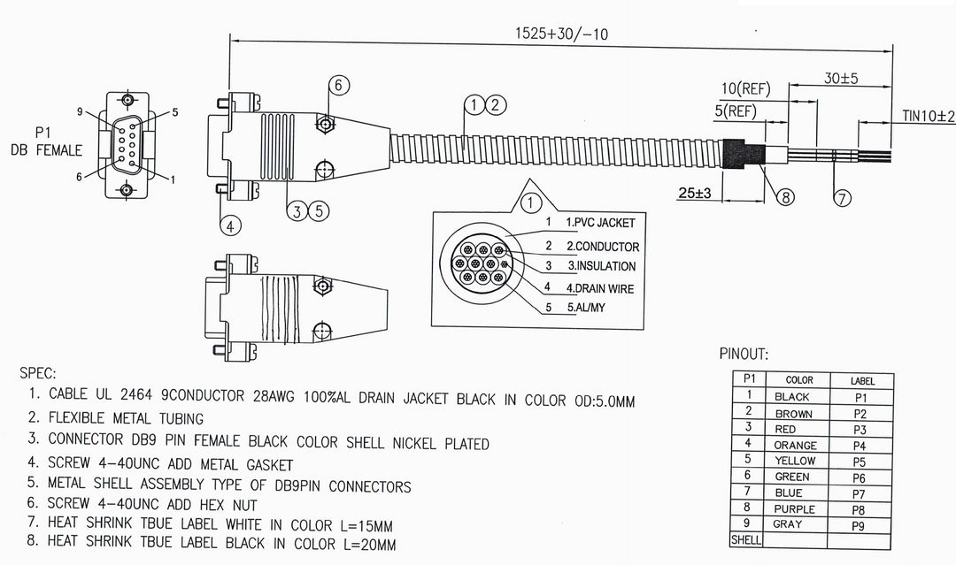 RS232 Serial Cable to Lead WIres DB9 Female Date Sheet.