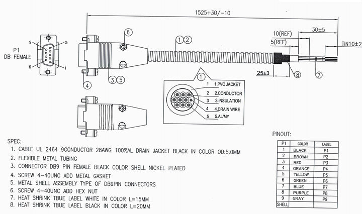 RS232 Serial Cable to Lead WIres DB9 Female Date Sheet.