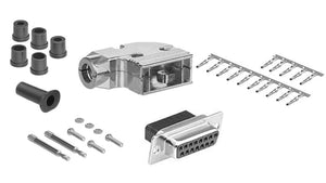 DB15 crimp female connector complete bundle DIY kit includes connector, right angle hood, female crimp pin, strain relief grommets and screws.
