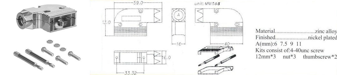 Right angle metal hood, shielded hood, screws.