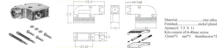 Right angle metal hood, shielded hood, screws.