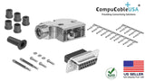 DB15 crimp female connector complete bundle DIY kit includes connector, right angle hood, female crimp pin, strain relief grommets and screws.