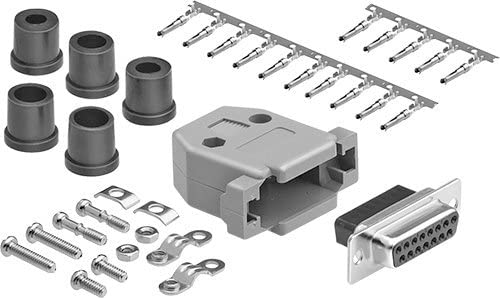 DB15 Crimp Female Connector complete bundle DIY Kit includes connector, hood, female crimp pin, strain relief grommet and screws.