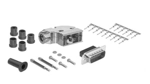 DB15 Crimp Male Connector complete bundle DIY Kit includes connector, Right angle hood, male crimp pin, strain relief grommets and screws.