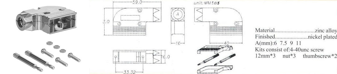 Right angle metal hood, shielded hood, screws