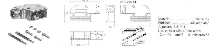 Right angle metal hood, shielded hood, screws