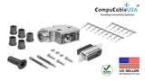 DB15 Crimp Male Connector complete bundle DIY Kit includes connector, Right angle hood, male crimp pin, strain relief grommets and screws.