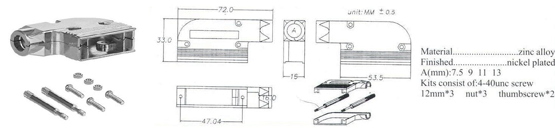 Right angle metal hood, shielded hood, screws.