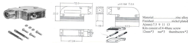 Right angle metal hood, shielded hood, screws.