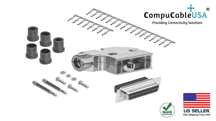 DB25 crimp female connector complete bundle DIY kit includes connector, right angle hood, female crimp pin, strain relief grommets and screws.