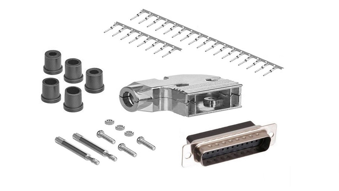 DB25 Crimp Male Connector complete bundle DIY Kit includes connector, Right angle hood, male crimp pin, strain relief grommets and screws.