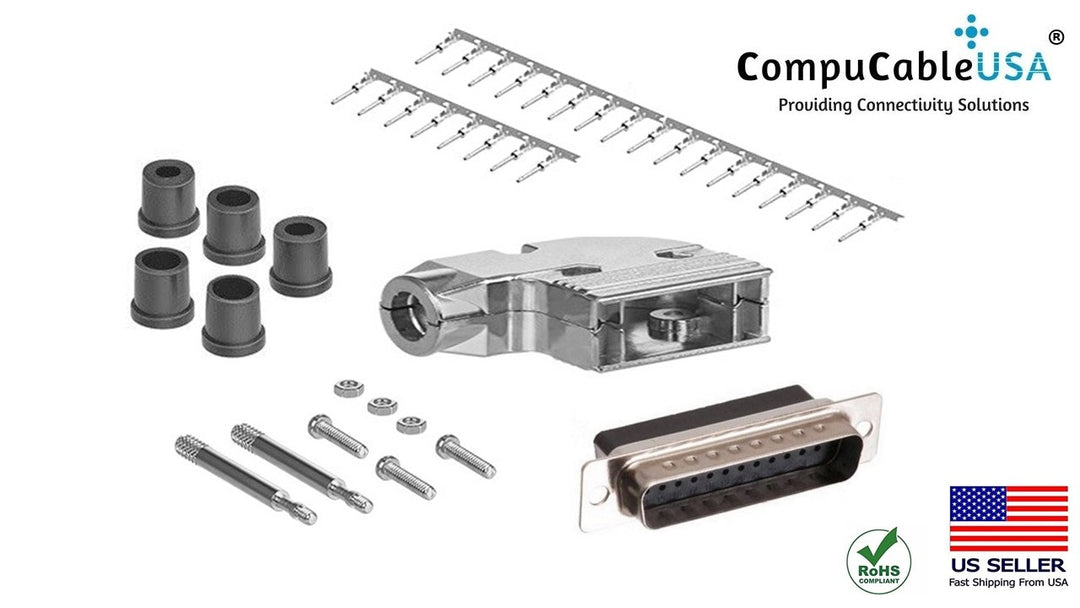 DB25 Crimp Male Connector complete bundle DIY Kit includes connector, Right angle hood, male crimp pin, strain relief grommets and screws.