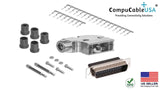 DB25 Crimp Male Connector complete bundle DIY Kit includes connector, Right angle hood, male crimp pin, strain relief grommets and screws.