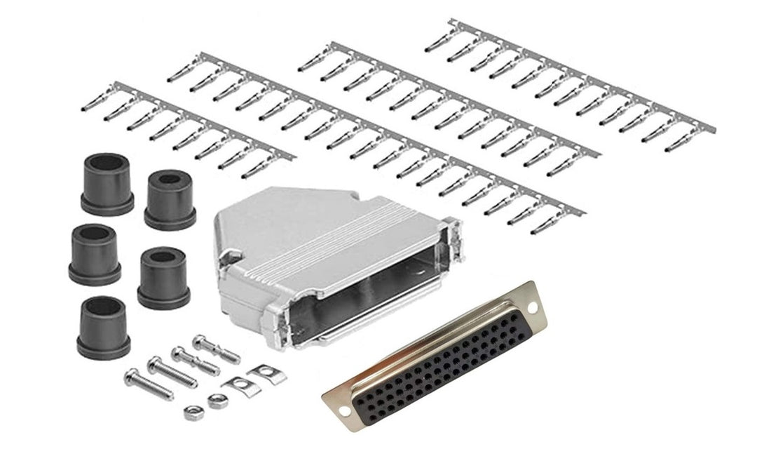 DB50 Crimp Female Connector complete bundle DIY Kit includes connector, housing, female crimp pin, strain relief grommets and screws.