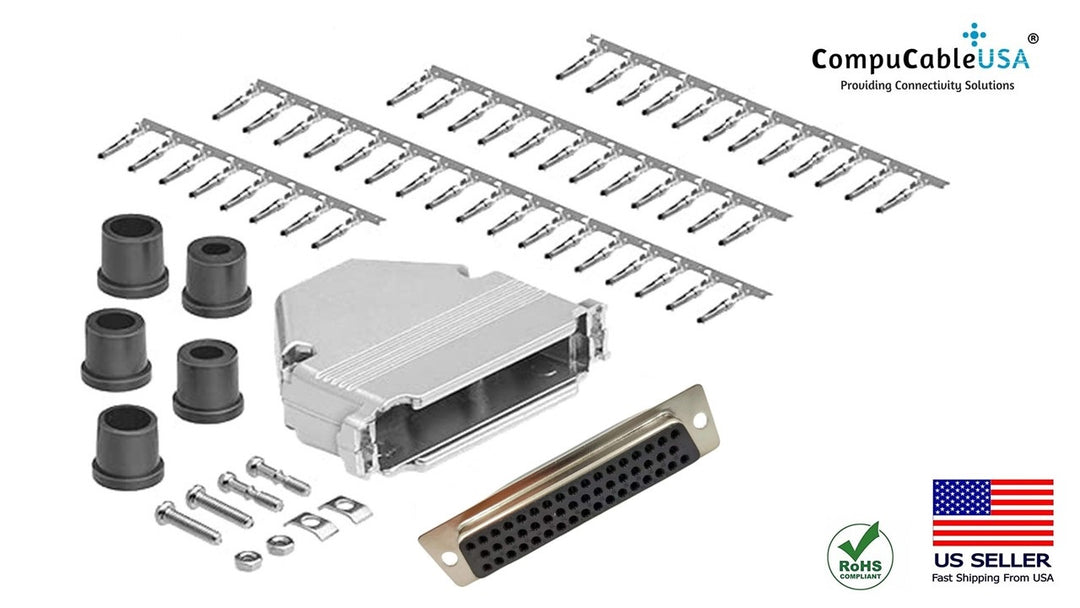 DB50 Crimp Female Connector complete bundle DIY Kit includes connector, housing, female crimp pin, strain relief grommets and screws.