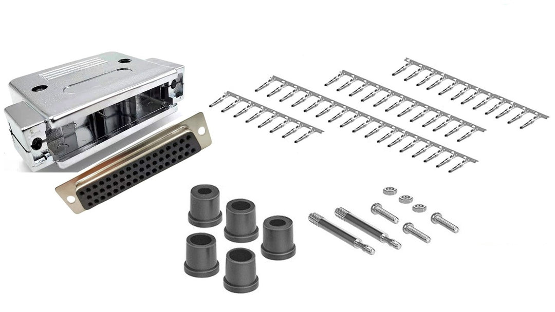 DB50 Crimp Female Connector complete bundle DIY Kit includes connector, silver metallic paint hood, female crimp pin, strain relief grommet and screws.