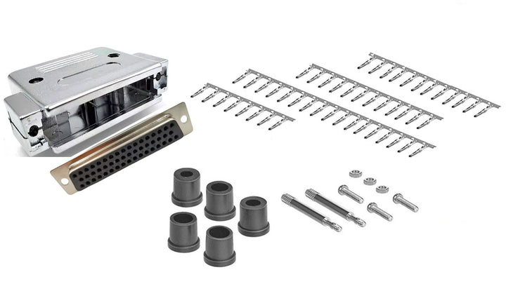 DB50 Crimp Female Connector complete bundle DIY Kit includes connector, silver metallic paint hood, female crimp pin, strain relief grommet and screws.
