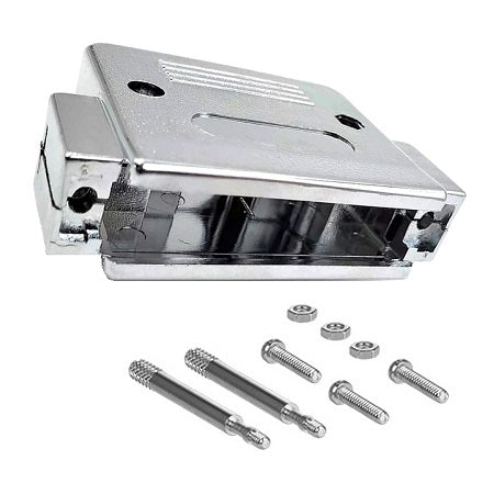 Silver metallic paint plastic housing, unshielded hood, screws.