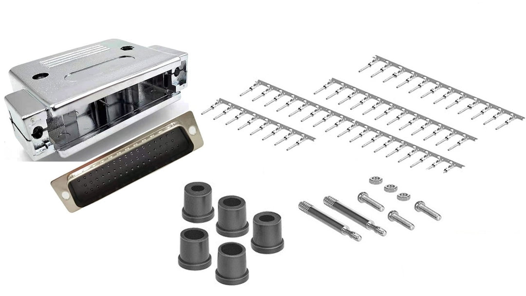 DB50 Crimp Male Connector complete bundle DIY Kit includes connector, hood, male crimp pin, strain relief grommet and screws.