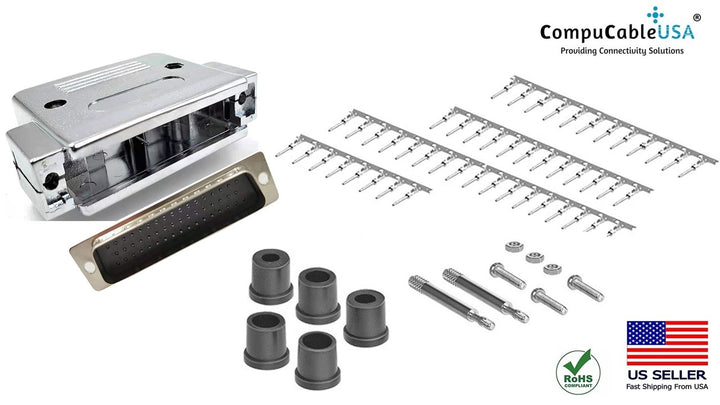 DB50 Crimp Male Connector complete bundle DIY Kit includes connector, hood, male crimp pin, strain relief grommet and screws.