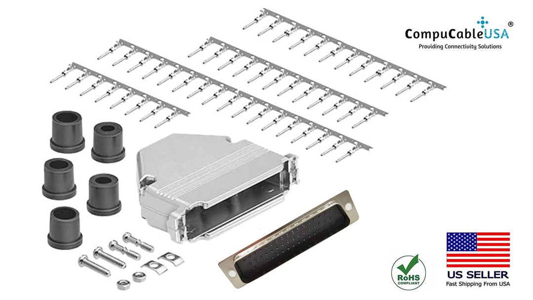 DB50 Crimp Male Connector complete bundle DIY Kit includes connector, housing, male crimp pin, strain relief grommets and screws.