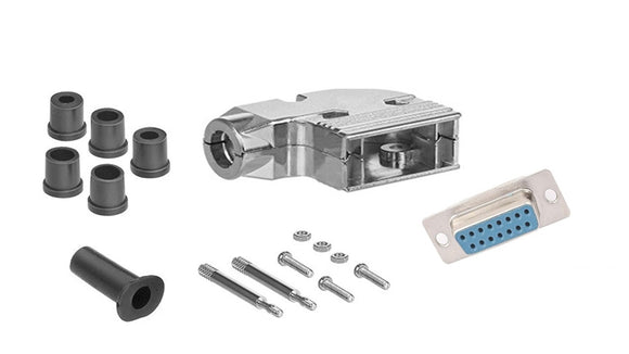DB15 Solder Female Connector complete bundle DIY Kit includes connector, 90-degree angle shielded metal hood, strain relief grommets and screws.