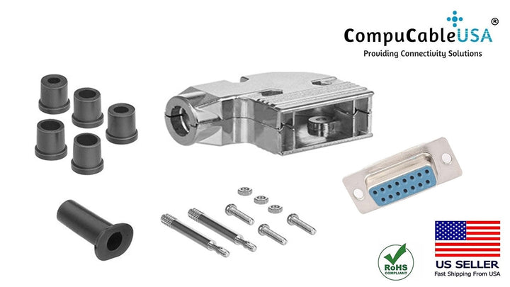 DB15 Solder Female Connector complete bundle DIY Kit includes connector, 90-degree angle shielded metal hood, strain relief grommets and screws.