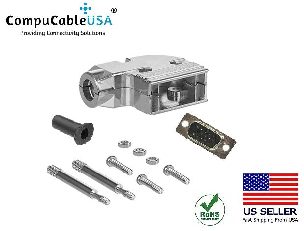 High Density DB15 Solder Male Connector complete bundle DIY Kit includes high density connector, 90-degree angle shielded metal hood, strain relief grommet and screws.